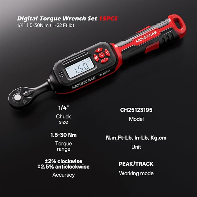Bike Digital Torque Wrench 1/4" Drive 15-Piece Kit | 1.5-30 N.m / 1-22 Ft.lb Torque Range for MTB & Cycling Maintenance