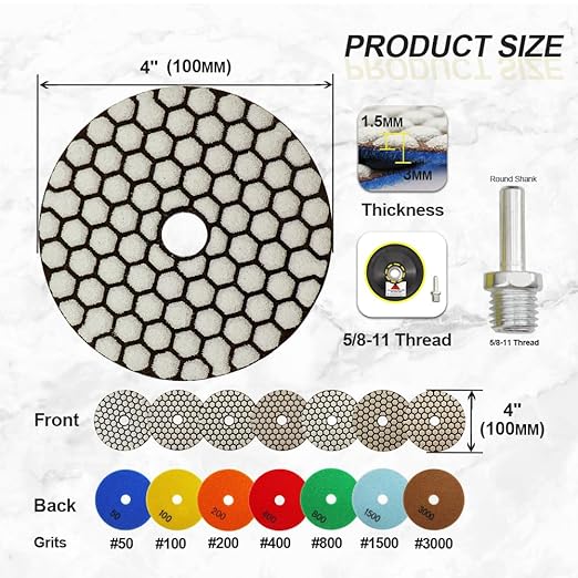 Dry Diamond Polishing Pads 4"/100mm - 7pcs 50/100/200/400/800/1500/3000 Polish Pad Kit with 5/8"-11 Backer Pad+Adapter for Granite Marble Artificial Stone Quartz for Angle Grinder