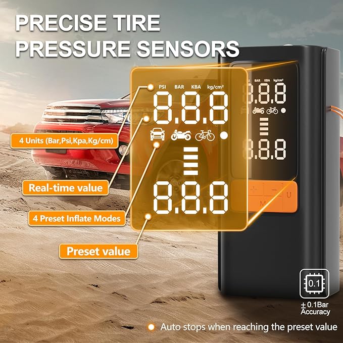 Tire Inflator Portable Air Compressor, 150 PSI Air Pump for Car Tires, Bike Tire Pump with Digital Pressure Gauge, LED Light & Auto Shut-Off – Portable Tire Inflator for Car, Motorcycle, Bike, Balls