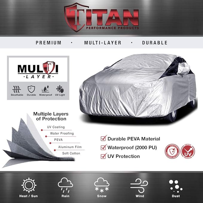 Titan Premium Multi-Layer PEVA Car Cover for Compact Sedans 176-185". Waterproof, UV Protection, Anti-Scratch Protective Lining, Driver-Side Zippered Opening. Fits Corolla, Sentra, Cruz and More.