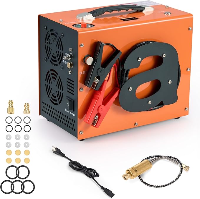 PCP Air Compressor with Atuo Shut-Off, Portable 4500Psi/30Mpa, Water/Oil-Free, One Button Start, Bursting Disc, 12V DC/120V AC PCP Airgun Compressor, Rifle/Pistol and Paintball Tank Air Pump (Orange)