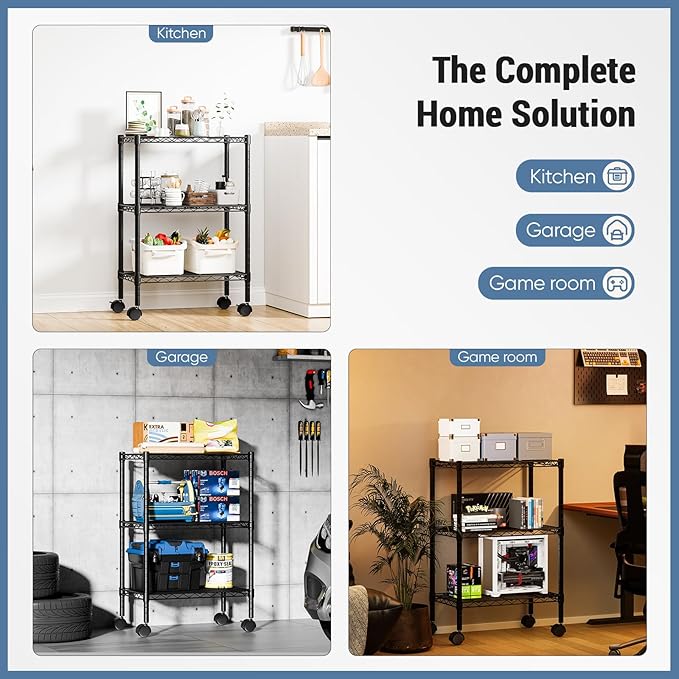 DUMOS 3 Tier Metal Shelving, Heavy Duty Shelves Wire Shelving Unit with Removable Wheel Casters, Shelves Organizer for Bathroom Garage Living Room Kitchen Pantry Laundry Black