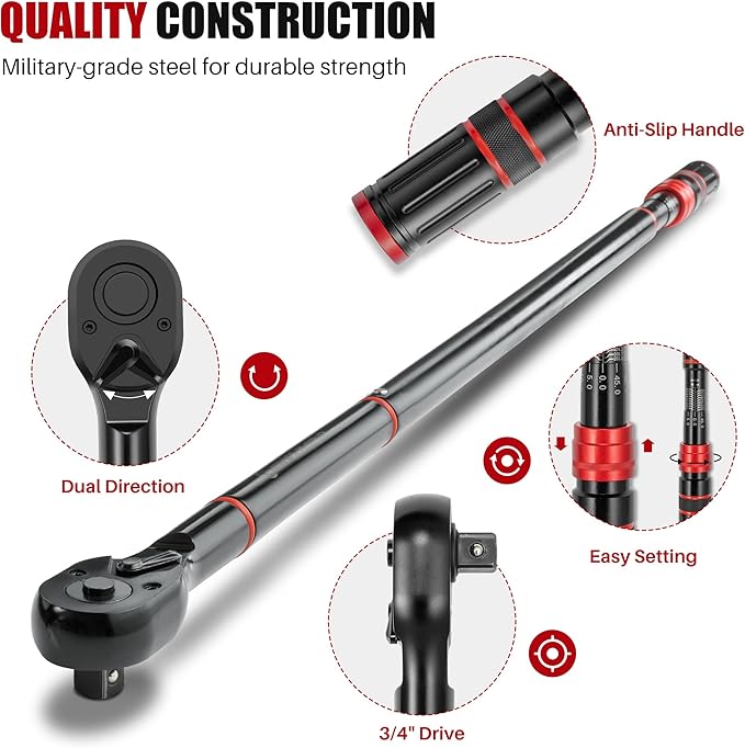 3/4-Inch Drive Click Torque Wrench - 150-1000 Ft-Lb/203.3-1355Nm, Dual-Direction Adjustable 48 ToothTorque Wrench, Accuracy 3% for Car, Truck, Tractor, Maintenance and Product Assembly