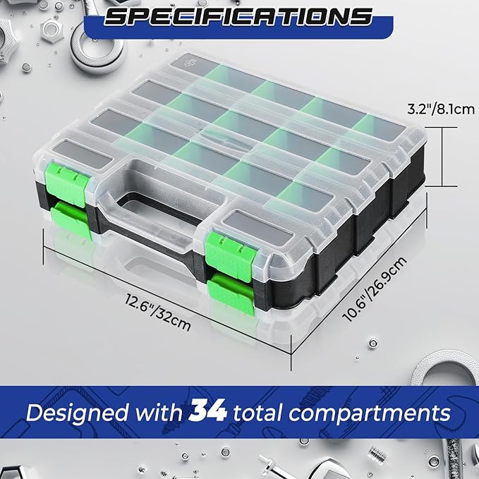 NATGAI 2 Pack Small Parts Organizers, 34-Compartments Double-Sided Tool Box with Removable Dividers for Hardware, Screws, Bolts, Nails & Fishing Accessories, Durable Plastic Storage Case (Green)