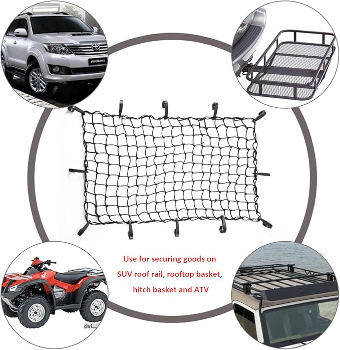 CZC AUTO Black Latex Bungee Cargo Net, Strech to 44"x76" Luggage Netting with 2"X2" Small Mesh, 12 Adjustable Plastic Hooks for Rooftop Cargo Carrier Roof Rail Rack Hitch Basket SUV, 22"x38", 2 Pack