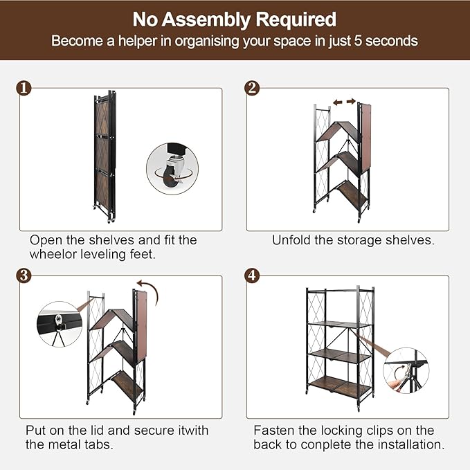 4 Tier Folding Shelf with Wheels, Wood and Metal Bookshelf, no Assembly Foldable Storage Shelves, Vintage Storage Rack for Living Room, Bedroom, and Home Office