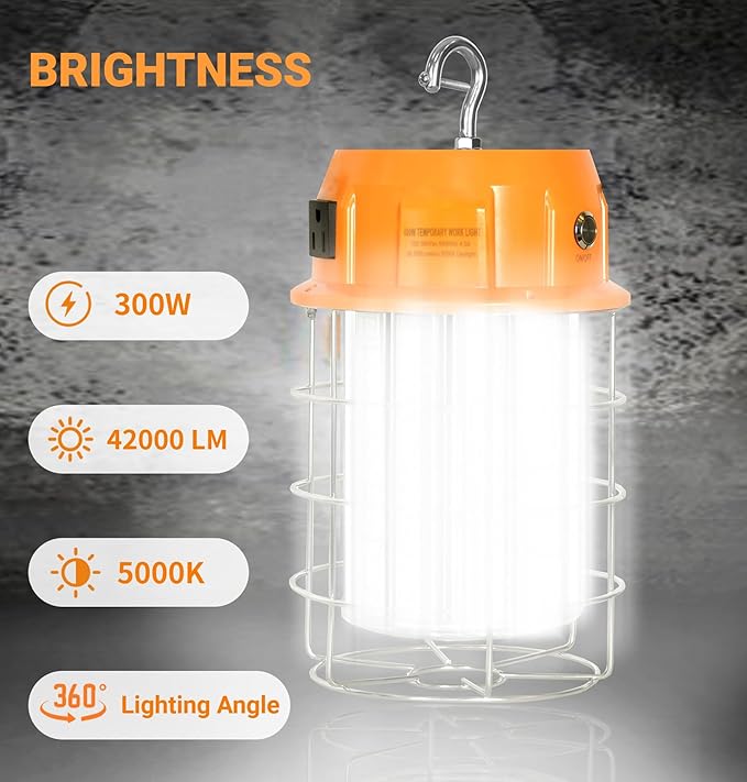 LED Temporary Work Light 300W Portable Hanging Work Construction Light,5000K 42,000 Lm with ON/Off Switch & Hook,for Job Site Lighting, Plug and Play