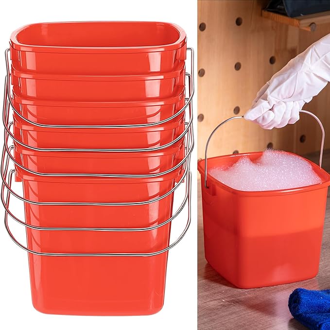 Zhehao 6 Pcs 3 Quart Bucket for Cleaning Small Sanitizer Bucket for Restaurant Square Plastic Pail with Handles for Home, Offices, Commercial Use, Food Service(Red)