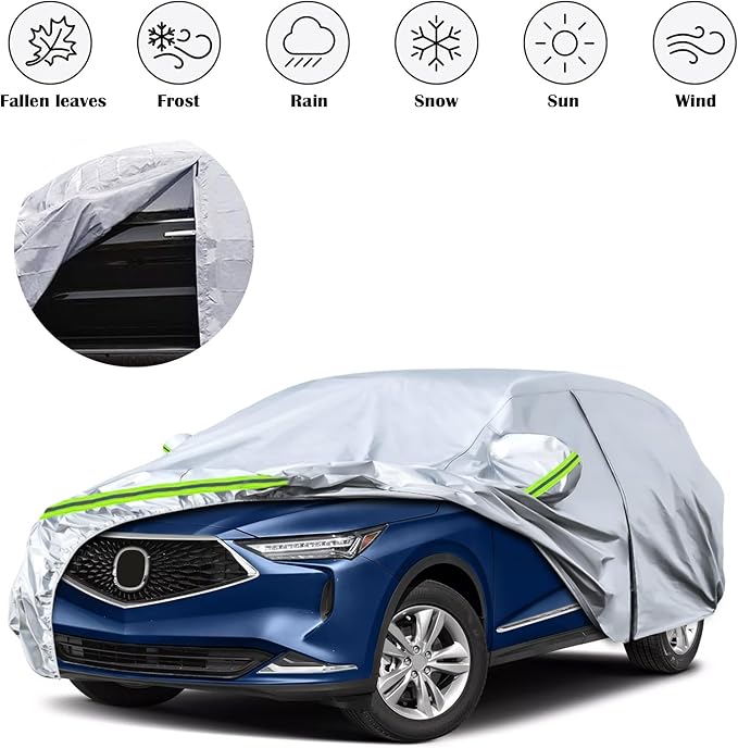 Waterproof Car Covers Replace for 2001-2024 Acura MDX, 6 Layers Silver All Weather Car Cover with Zipper Door & Windproof Bands for Snow Rain Dust Hail Protection