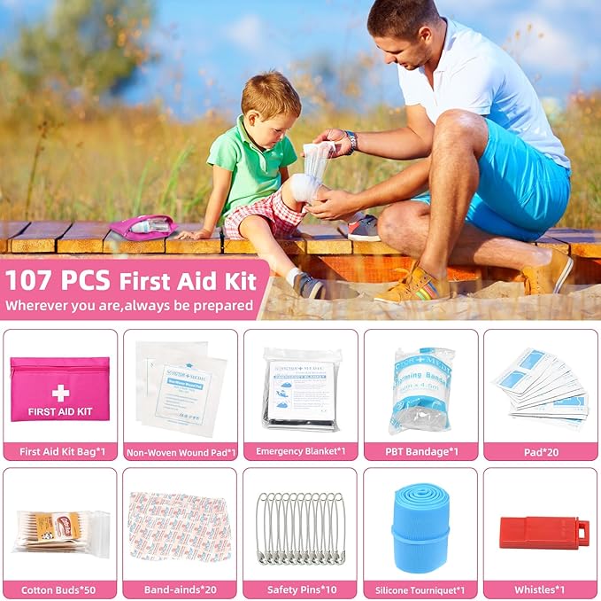 Roadside Emergency Car Kit for Vehicles, Pink Car First Aid Kit Emergency Kit with Jumper Cables, Car Safety Kits, Tow Strap, Tool Kit, Road Trip Assistance for Men, Women, New Driver Gifts