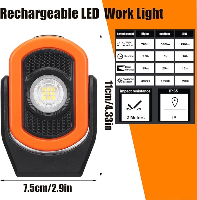 Retisee 2 Pack 780 Lumens Magnetic Work Light USB Rechargeable LED Flashlight Portable Inspection Light for Car Repair Emergency Lighting Mechanics Workshop (Orange-2PK)