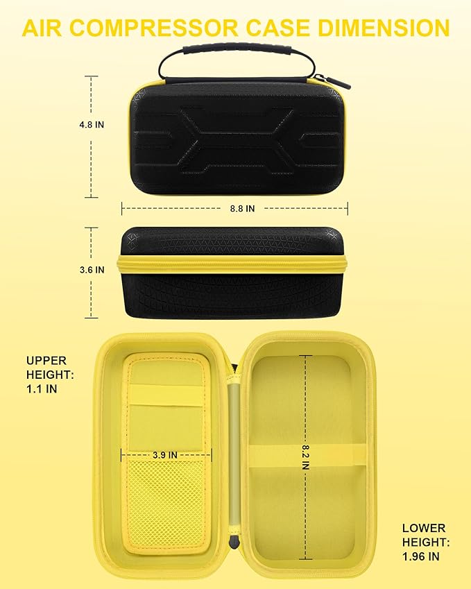 Tire Inflator Case for Airmoto/Skight/LOLSSA/Teffim/Hafuloky/Frarome/ILTIDE, Portable Carrying Air Compressor Case Compatible 120/150 / 180 PSI, Car Air Pump Storage Holder Box (black+yellow)