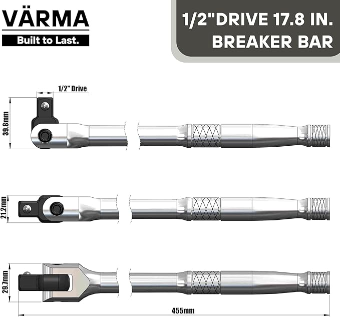 1/2-Inch Drive Breaker Bar, 18-Inch – Heavy Duty CR-MO Head & 18mm Thick Shaft – Dual-Knurled Non-Slip Grip, Constant Tension Flex Head, Premium Mirror Chrome Finish