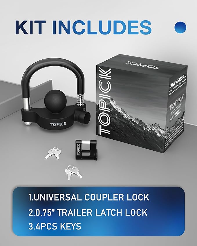 TOPICK Keyed Alike Trailer Coupler Lock Set, Trailer Lock Kit Include Universal Trailer Hitch Lock & Coupler Latch Lock, Heavy-Duty Anti-Theft Protection for 1-7/8", 2", 2-5/16" Couplers, All Black
