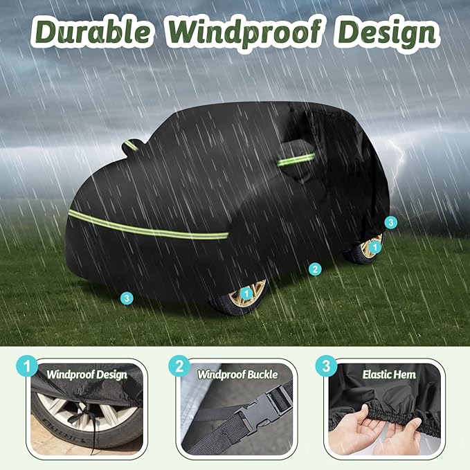 Waterproof Car Cover for 2007-2025 Smart Fortwo, 210T Sun Rain UV Dust Snow Protection Outdoor Covers with Zipper Door & Windproof Bands for 2007-2025 Smart Fortwo W451/C453/A453(Black)