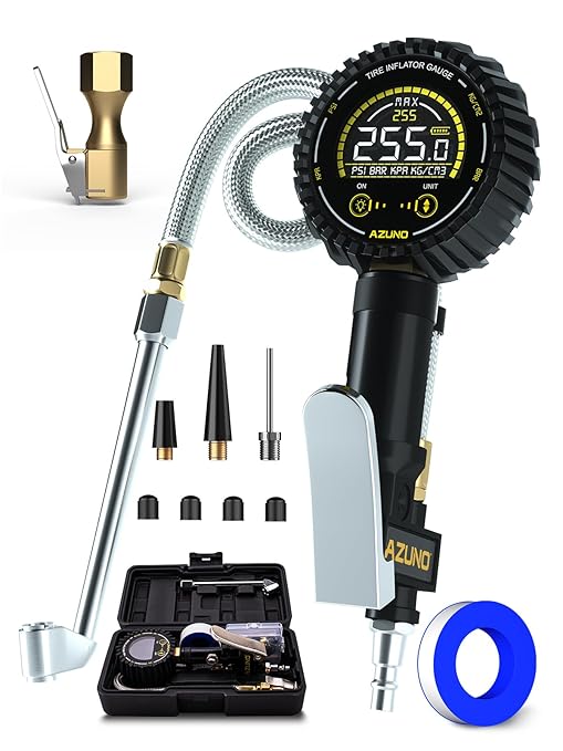 AZUNO Digital Tire Inflator Gauge 255 PSI, Heavy Duty Tire Pressure Gauge with Air Chuck, Steel Braided Hose, Quick Connect Coupler & Case for Truck RV Trailer