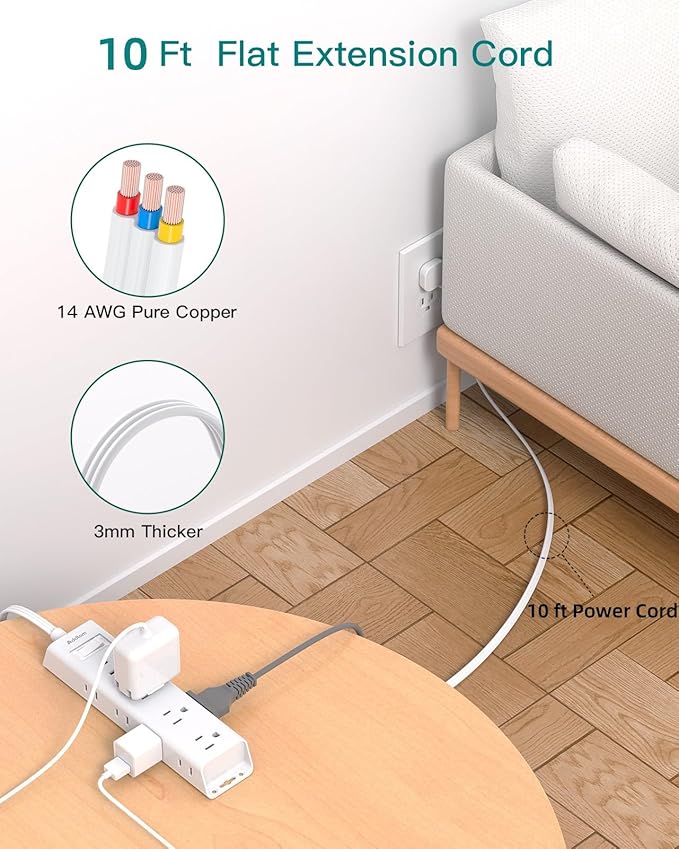 10FT Extension Cord - Power Strip Surge Protector, Flat Plug, Addtam 12 Widely Outlets 3 Sides Outlet Extender, 900J, Wall Mount, Desk Charging Station Compact for Home Office Dorm Room Essentials