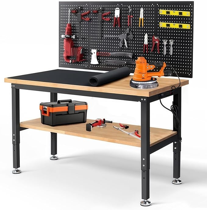 ENJOYWOOD 60" x 22" Heavy Duty Workbench Adjustable Height Garage Work Table with Solid Rubberwood Top, Pegboard & Power Outlets for Workshop, Home & Office