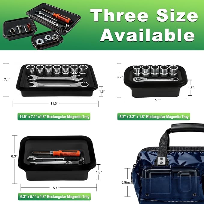 Collapsible Magnetic Parts Tray Set with Extra Strong Magnet Up to 18LB, 3 Different Size Silicone Foldable Tool for Organizing Screw Bolts Nuts Washers Pins and Other Small Metal Parts -Black