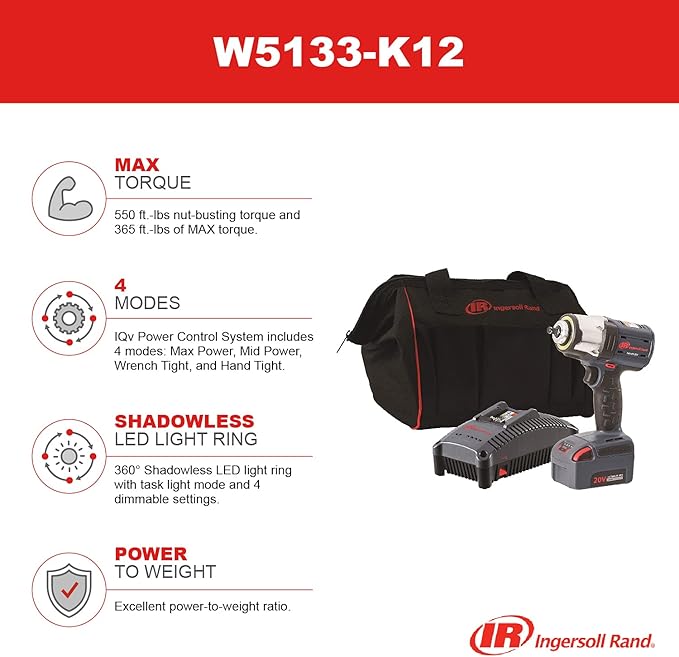 Ingersoll Rand W5133-K12 3/8" 20V Cordless Impact Wrench 1 Battery Kit, 550 ft-lb Torque, Friction Ring Retainer, Pistol