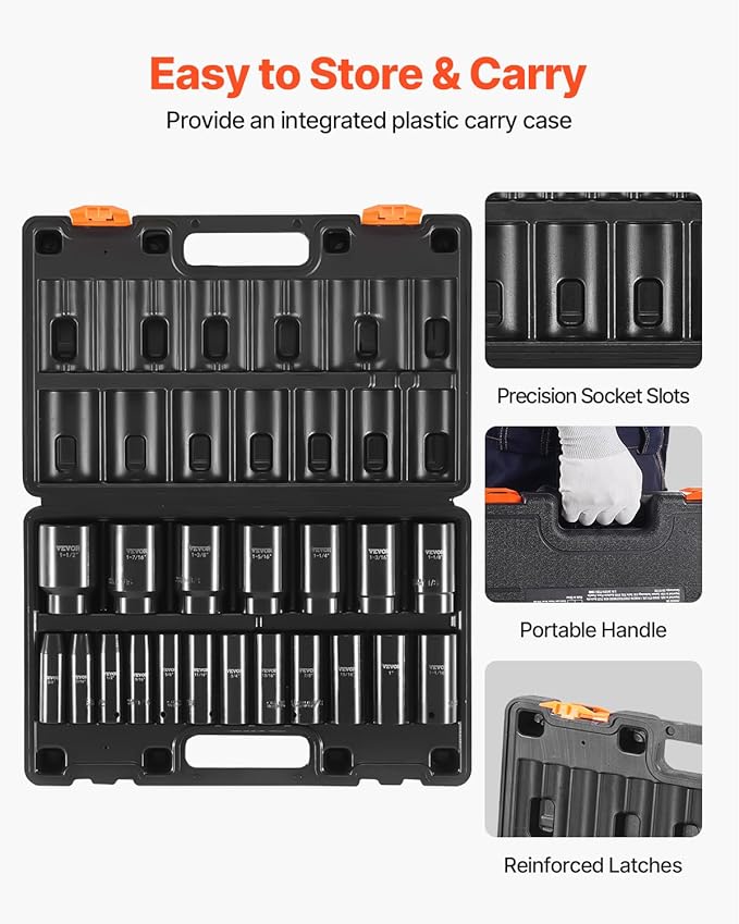 VEVOR Impact Socket Set 1/2 Inches 19 Piece, Deep Socket, 6-Point Sockets, Rugged Construction, Cr-V, 1/2 Inches Drive Socket Set Impact 3/8 inch - 1-1/2 inch, with a Storage Cage