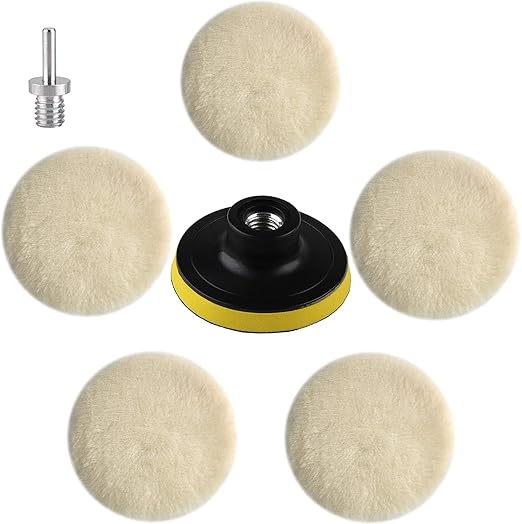 IPELY 7 Pcs 3 Inch Wool Polisher Buffing Wheel Small Buffing Pads for Drill Buffer Attachment with M10 Drill Adapter