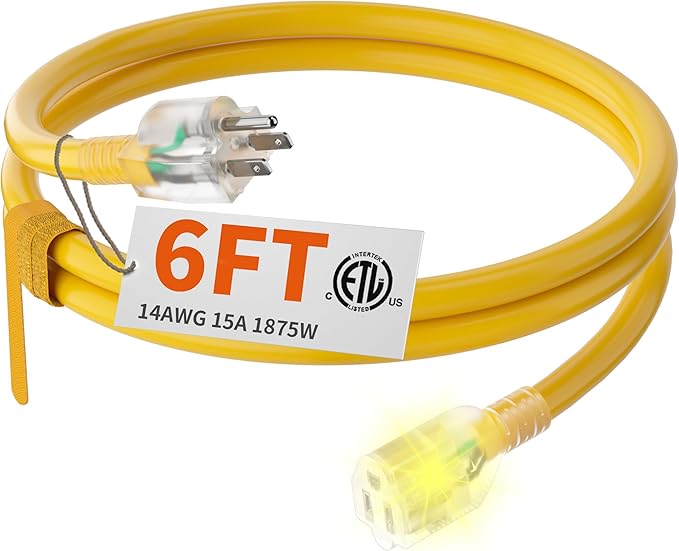HUANCHAIN 6 ft 14/3 Gauge Heavy Duty Outdoor Extension Cord Waterproof with Lighted, Flexible Cold Weather 3 Prong Electric Cord Outside, 15A 1875W 125V 14AWG SJTW, Yellow, ETL Listed