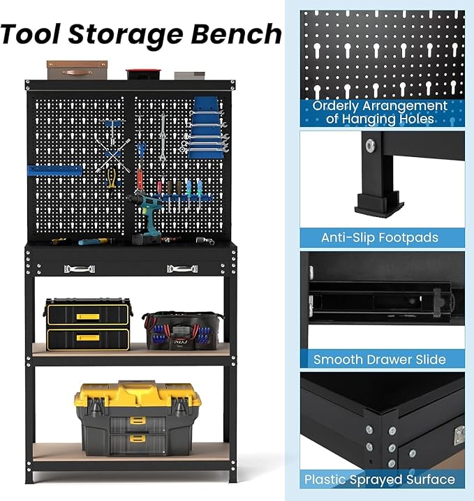 ERGOMASTER Work Bench with Drawers,Heavy Duty Garage Workbench with Pegboard, 965LBS Capacity Work Table for Garage, Home, Workshop, Auto Shop, Basement (Blue Standard Size With drawer)