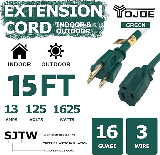 YOJOE Indoor Outdoor Extension Cord, 16 Gauge SJTW Heavy Duty 15 ft Green, 3 Prong 13A Weatherproof Power Cord for Garage, Garden and Home, UL Listed