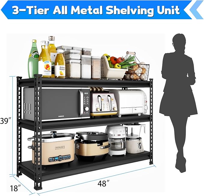 48" W Garage Shelving Heavy Duty, 1500LBS Loads Adjustable Garage Storage Shelves, 3-Tier Metal Shelving Units and Storage Racks, Industrial Utility Shelf,48" Wx18 Dx39 H, Black