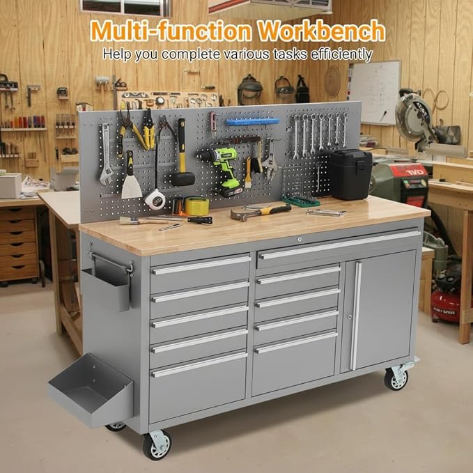 Tool Chest, 61 Inch Tool Box Mobile 9 Drawers Storage Rolling Cabinet with Wheels Lock Key Locking System Drawer Liners for Garage Warehouse Repair Shop, Sliver