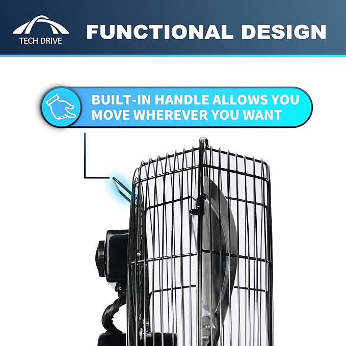 Tech Drive High Velocity Floor Fan, 20 inch Heavy Duty Metal Industrial Fans,3 Powerful Speed,360° Adjustable Tilting and All Metal Construction, Black