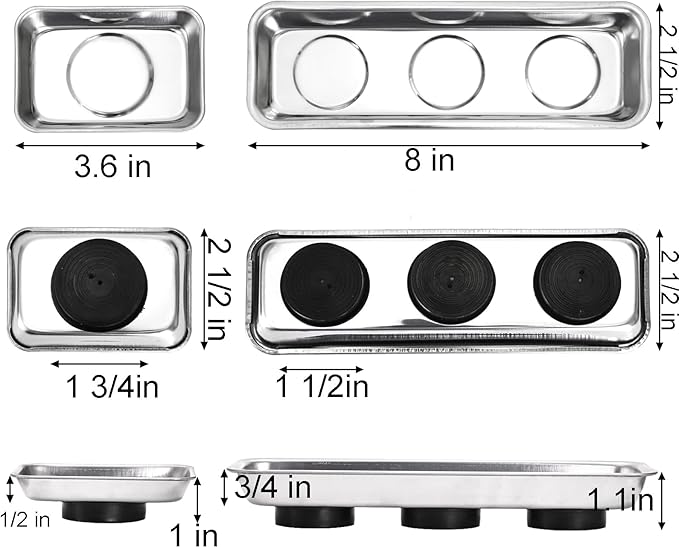 Okllen Set of 6 Small Magnetic Parts Trays, Stainless Steel Magnetic Tray Set for Mechanic's, Extra Strong Magnetic Tool Trays Holder for Socket Screw Nuts Bolts Metal Parts, 8"x2.5"/3.6"x2.5"