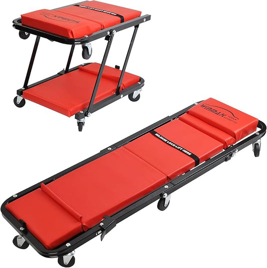 48" 2 in 1 Folding Rolling Garage Shop Creeper Roller Seat, Work Stool with 350Lbs Capacity