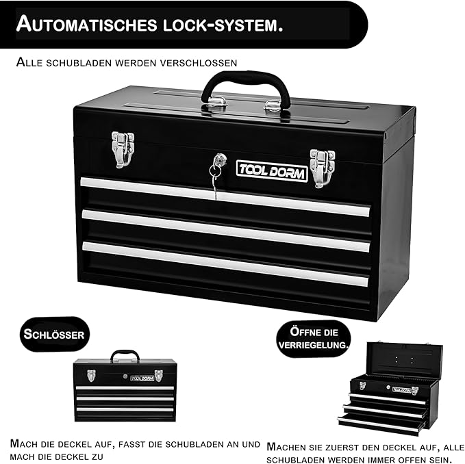 20.3“ Metal Tool Box with Drawers Portable Steel Tool Box with Protective Liner and Latch Closure and Lock for Garage, Home and Warehouse (Black-3 Drawers)