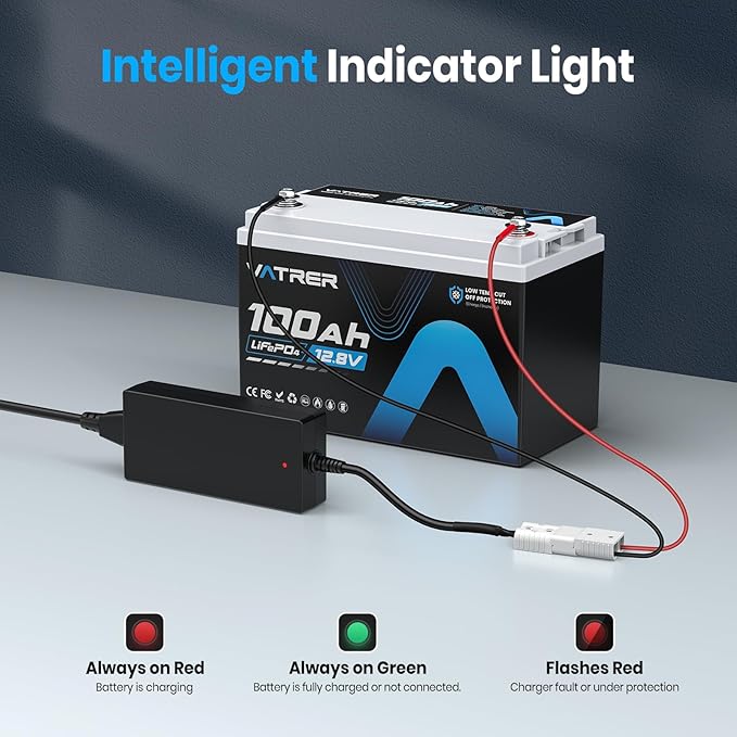 12V 10A Lithium Battery Charger VATRER POWER 14.6V LiFePO4 Battery Charger with 0V Activation, LED Indicator & Anderson Connector for 12V Lithium Batteries in Boat RV