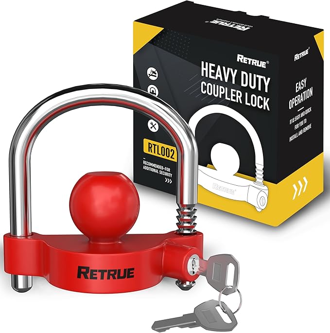 RETRUE Universal Coupler Lock Trailer Locks Ball Hitch Trailer Hitch Lock Adjustable Security Heavy-Duty Steel Fits 1-7/8 Inch, 2 Inch, 2-5/16 Inch Couplers, Red