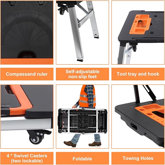 7 in 1 Work Benches Multifunctional Folding Work Table for Garage, Portable Workbench, Sawhorse, Scaffold, Platform, Mobile Workbench, Dolly and Hand Truck with 4 Wheels