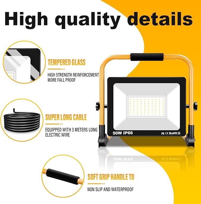 Willpower Portable LED Work Light 50W Job Site Lights 5000LM IP66 Waterproof Construction Floodlights Outdoor with Stand 6000K Daylight White for Camping Workshop Garage with 3.5m Wire Plug