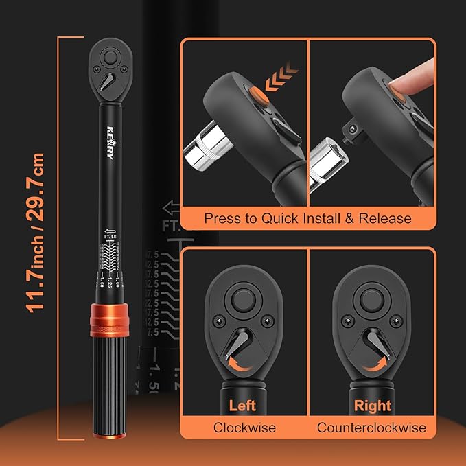 Kerry 3/8 Inch Drive Click Torque Wrench, 5-50 FT.LB/6.8-67.8 Nm, ±3% High Accuracy, Dual Range Scales, Clearly Graduated, Eeasy Read, Hardened Alumium Alloy, 72 Tooth Click Torque Wrench for Bike