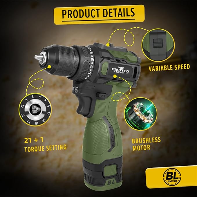 17V Brushless Screwdriver Drill Set, 140Nm Cordless Impact Driver & 55Nm Electric Drill with 3 Adjustable Speed, 2 Batteries and Led Work Light