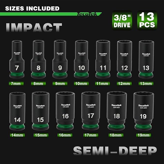 3/8-Inch Drive 12-Point Metric Semi-Deep Impact Socket Set, Mid-Length Socket Set, 7mm to 19mm, CR-MO, Stamped and Ink Filled Size Marking, 13-Piece