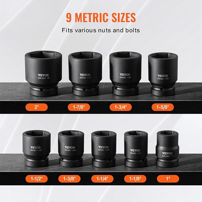 VEVOR Axle Nut Impact Socket Set - 1" Drive 6-Point 9-Piece SAE Spindle Nut Socket CR-MO Heat Treated Large Socket Set with Storage Case for Auto Repair, Removing or Installing Axle Nuts