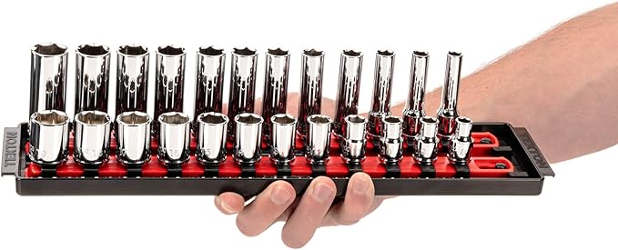 TEKTON 3/8 Inch Drive Shallow and Deep 6-Point Socket Set with Rails and Trays, 42-Piece (5/16-3/4 in., 8-19 mm) | SHD91218