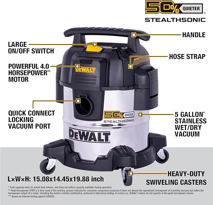 DEWALT 5 Gal Stealthsonic Shop Vacuum Wet and Dry, Ultra-Quiet Stainless Steel Shop Vac, 4 HP Heavy-Duty Vacuum Cleaner with Complete Accessory Kit and 6 Dust Bages for Home, Workshop, Garage, Car