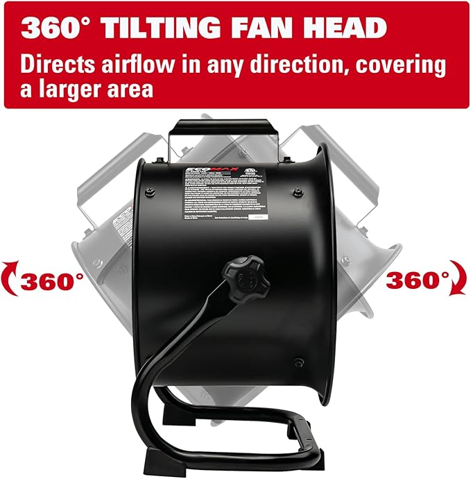 ECOMAX 10-Inch Drum Fan, 900CFM 3-Speed Industrial Floor Fan with 360° Tilt Head, 85W 120V Aluminum Blade Shop Fan for Garage Workshop Basement Patio, UL Certified, 8.6 LBS