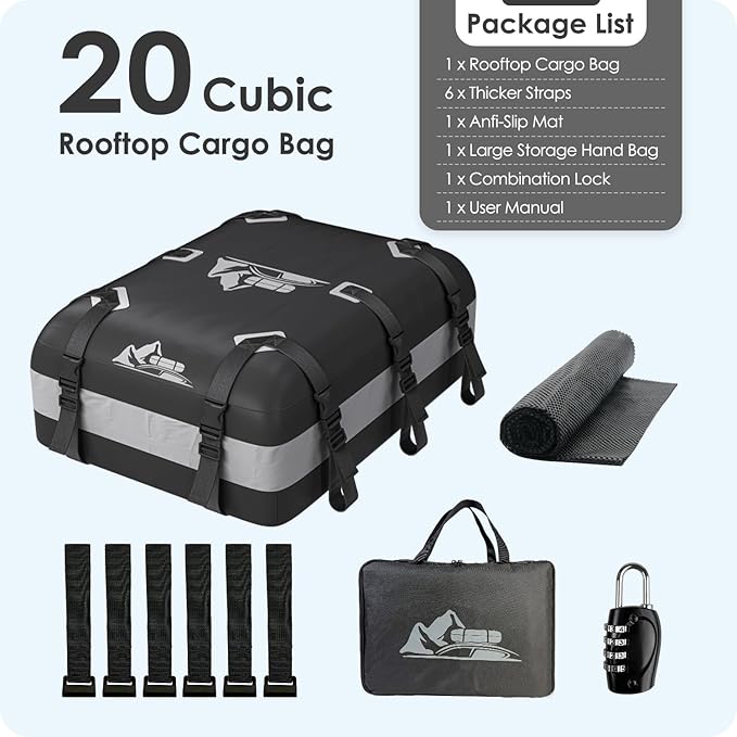 Car Rooftop Cargo Carrier Bag 20 Cubic Feet, 100% Waterproof Heavy Duty Car Roof Bag for All Vehicle with/Without Racks - Anti-Slip Mat, 6 Door Hooks, Storage Bags, 5CM Straps(Gray)