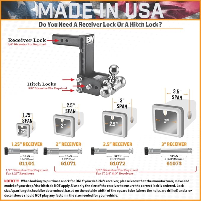 61450 | 2 Pack, Keyed Alike, Receiver Locks for 1.25" Receiver - Class I & II