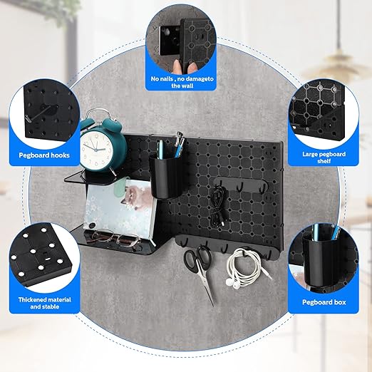 Chunful 58 Pcs Pegboard Organizer Kits Plastic Pegboard Wall Panel Mount Display Accessories Include Storage Boards Buckets and Hooks for Craft Room Garage Kitchen Office(Black)