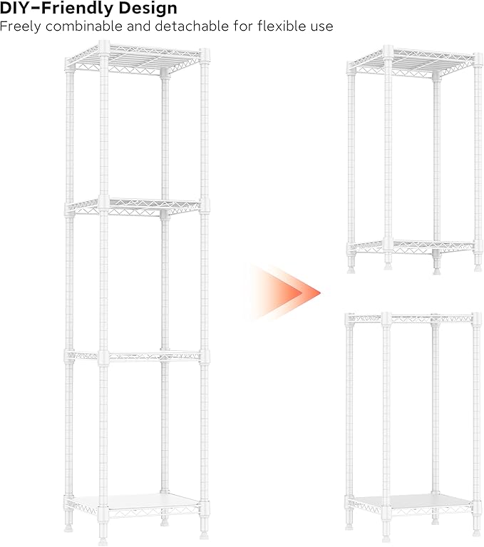 IZEUK 4 Tier Steel Storage Shelves, Adjustable Wire Shelving Unit for Kitchen, Bathroom, or Office Organization, Heavy Duty Metal Rack, 480 lbs Capacity, 11.8" D x 11.8" W x 47.3" H, White